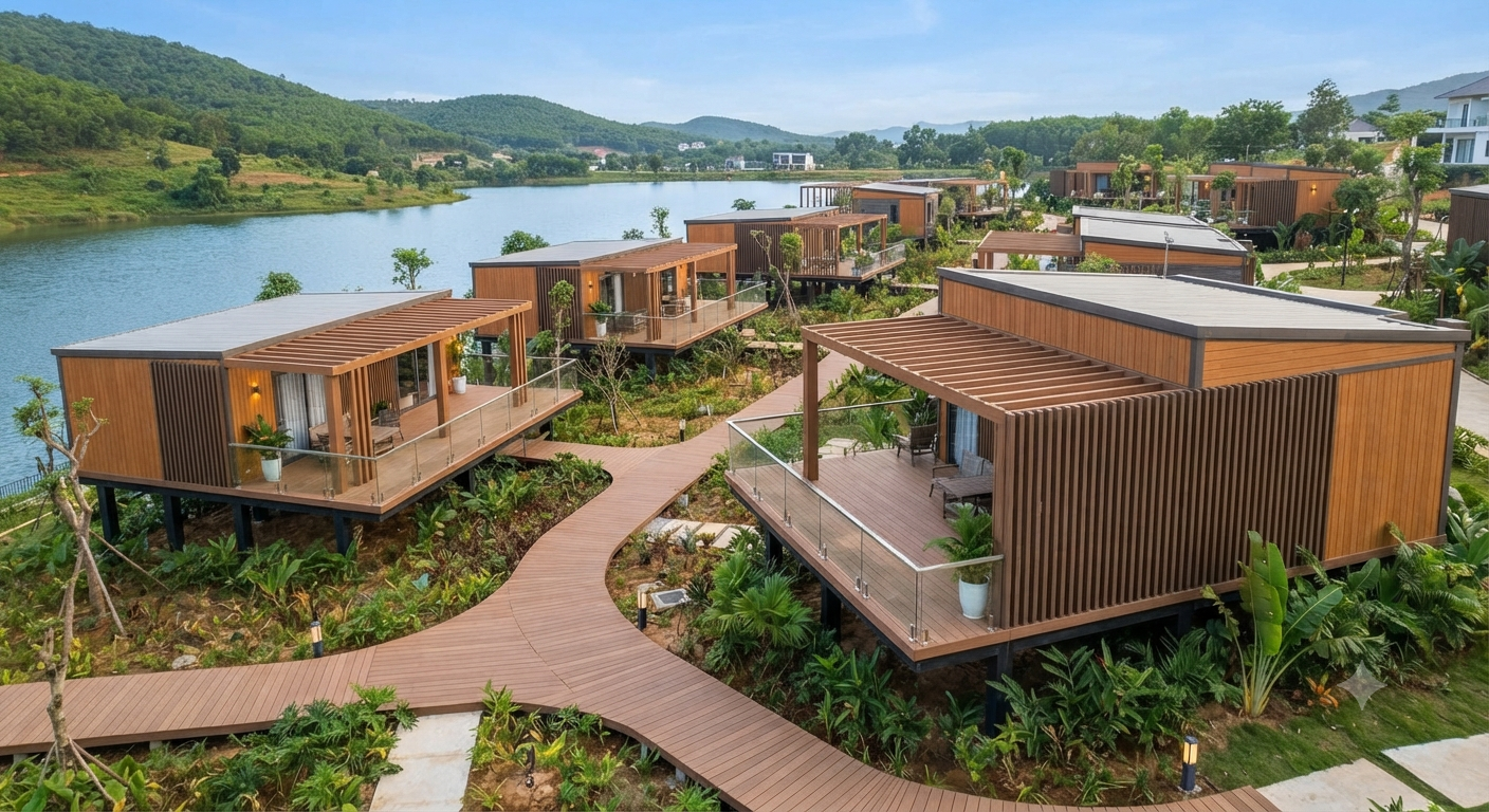Tổng quan khu nghỉ dưỡng Bungalow cao cấp sử dụng hệ sinh thái gỗ nhựa