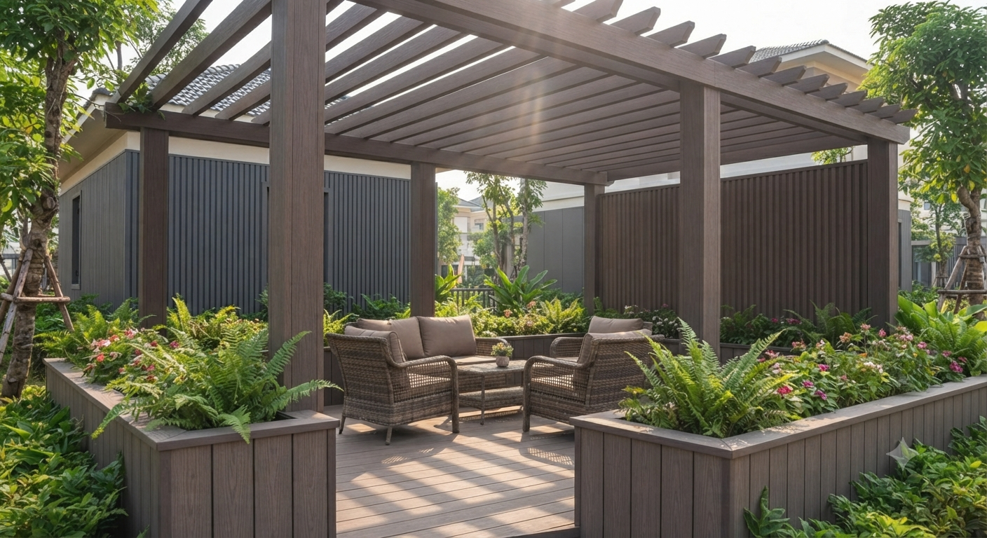 Không gian thư giãn ngoài trời đa năng với Pergola gỗ nhựa