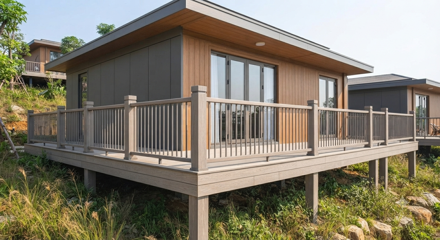 Bungalow trên cao với hệ thống sàn và lan can gỗ nhựa toàn diện