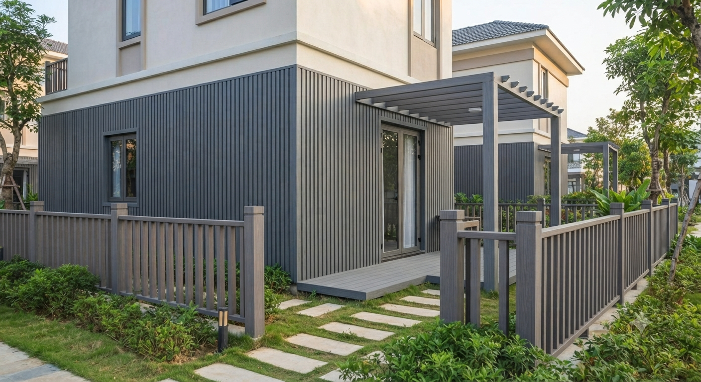 Homestay nhà vườn hiện đại với hệ lam sóng và hàng rào gỗ nhựa